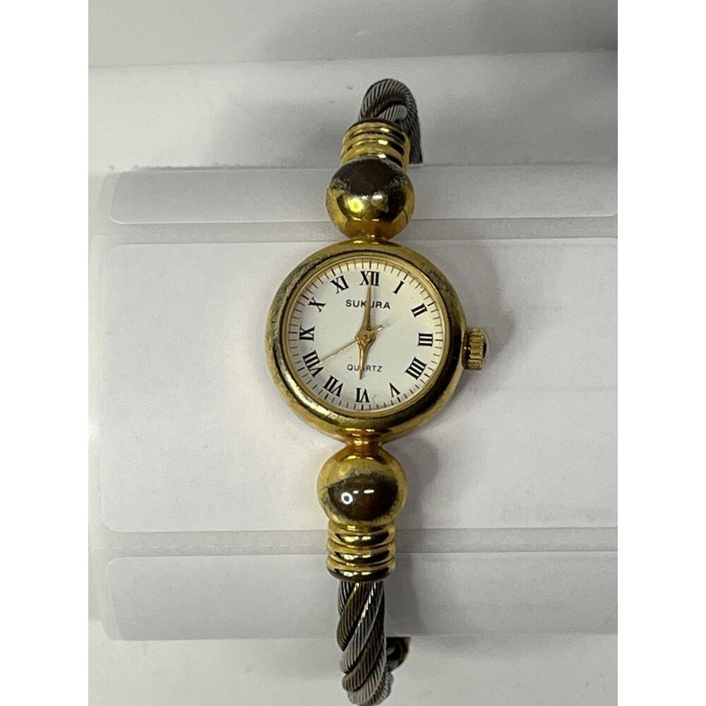 Sukura Quartz Womens Watch Twisted Cable Band Silver Gold Tone Not Working